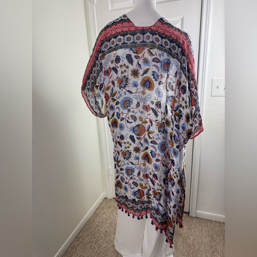 Ruggine Multi Color Bright Floral Lightweight Kimono with Pom Pom Trim. - Picture 4 of 10